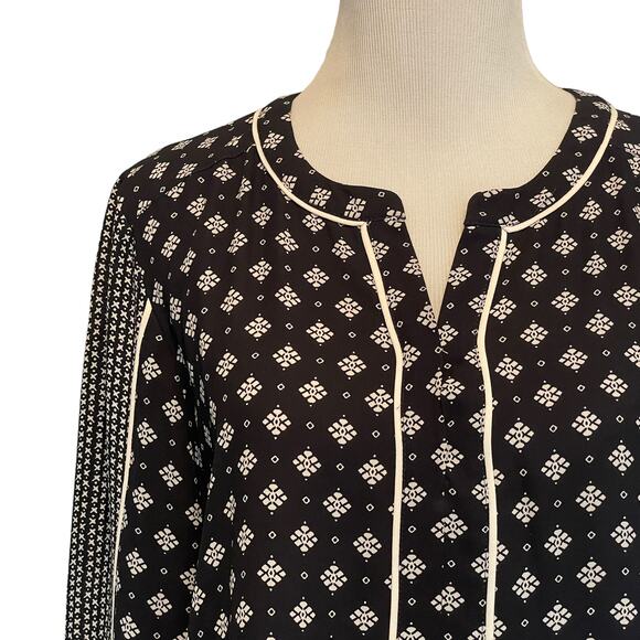 LOFT Mixed Print Popover Top Womens Small Navy Ivory Long Sleeve Peasant Blouse - Picture 3 of 9